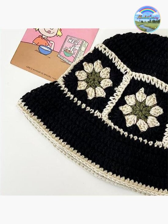 Handmade Crochet Bucket Hat Knitted Floppy Fishing Hat Floral Striped Outdoor